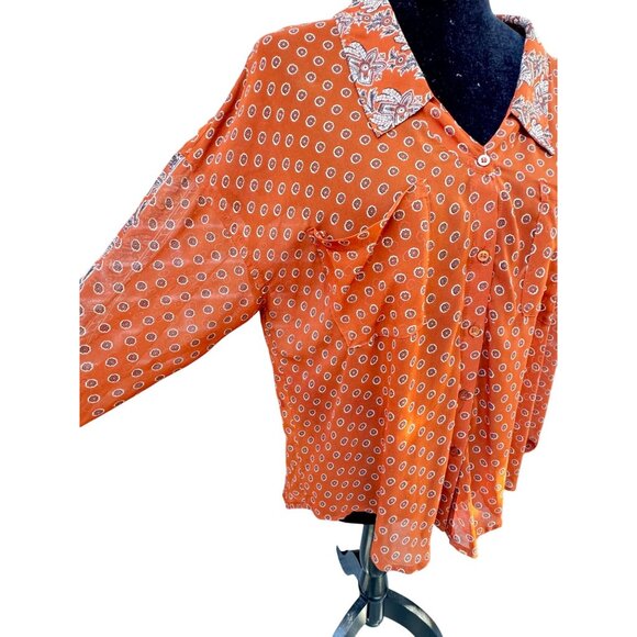 Free People Women's Orange Paisley Long Sleeve Blouse Size Small - Picture 8 of 16